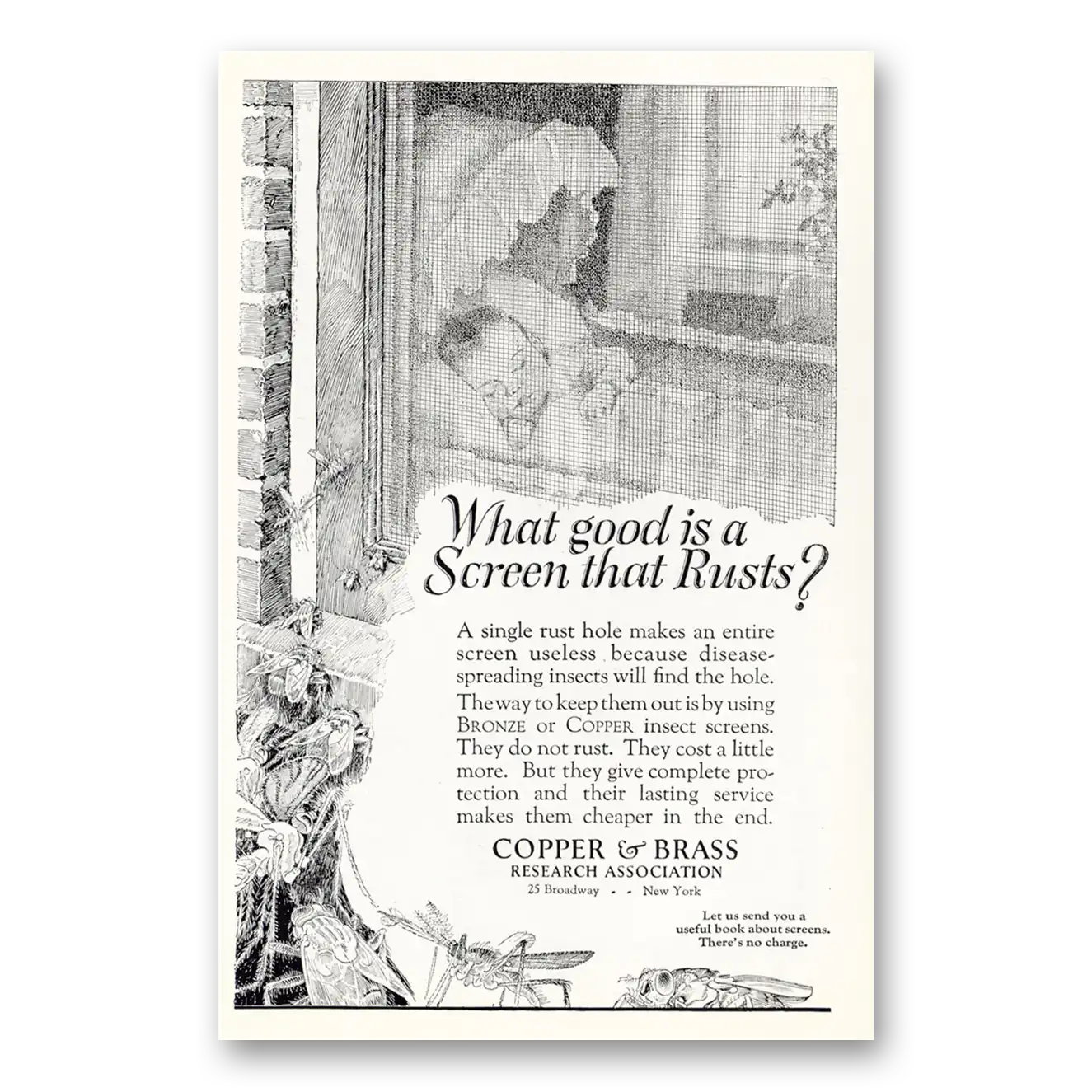 1926 Copper & Brass Research What Good Is a Screen That Rusts Vintage Magazine Print Ad