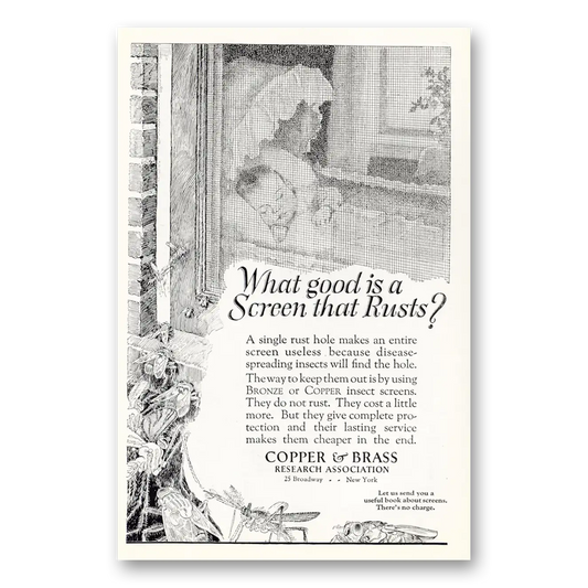 1926 Copper & Brass Research What Good Is a Screen That Rusts Vintage Magazine Print Ad