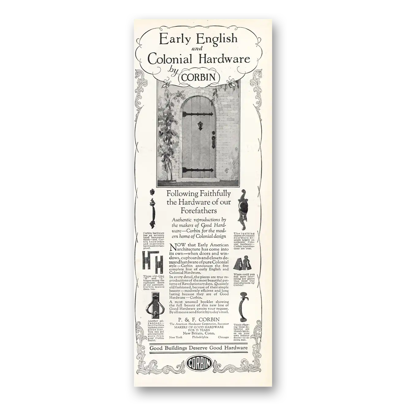 1926 P & F Corbin Early English and Colonial Hardware Vintage Magazine Print Ad