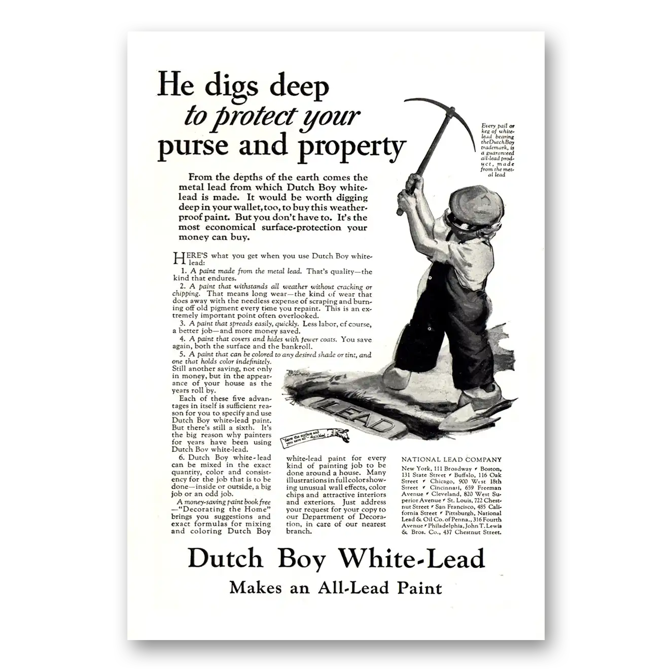 1926 Dutch Boy Paint White Lead He Digs Deep Protect Purse Property Vintage Magazine Print Ad