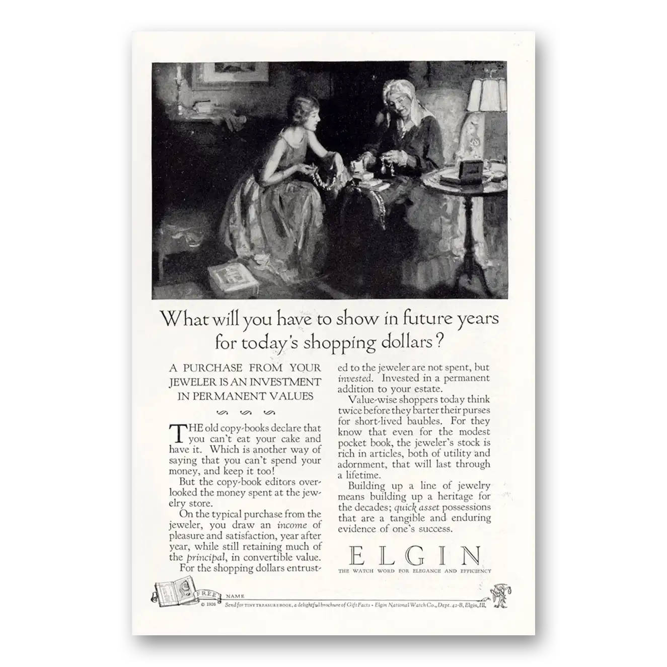 1926 Elgin Watch Show In Future Years Vintage Magazine Print Ad