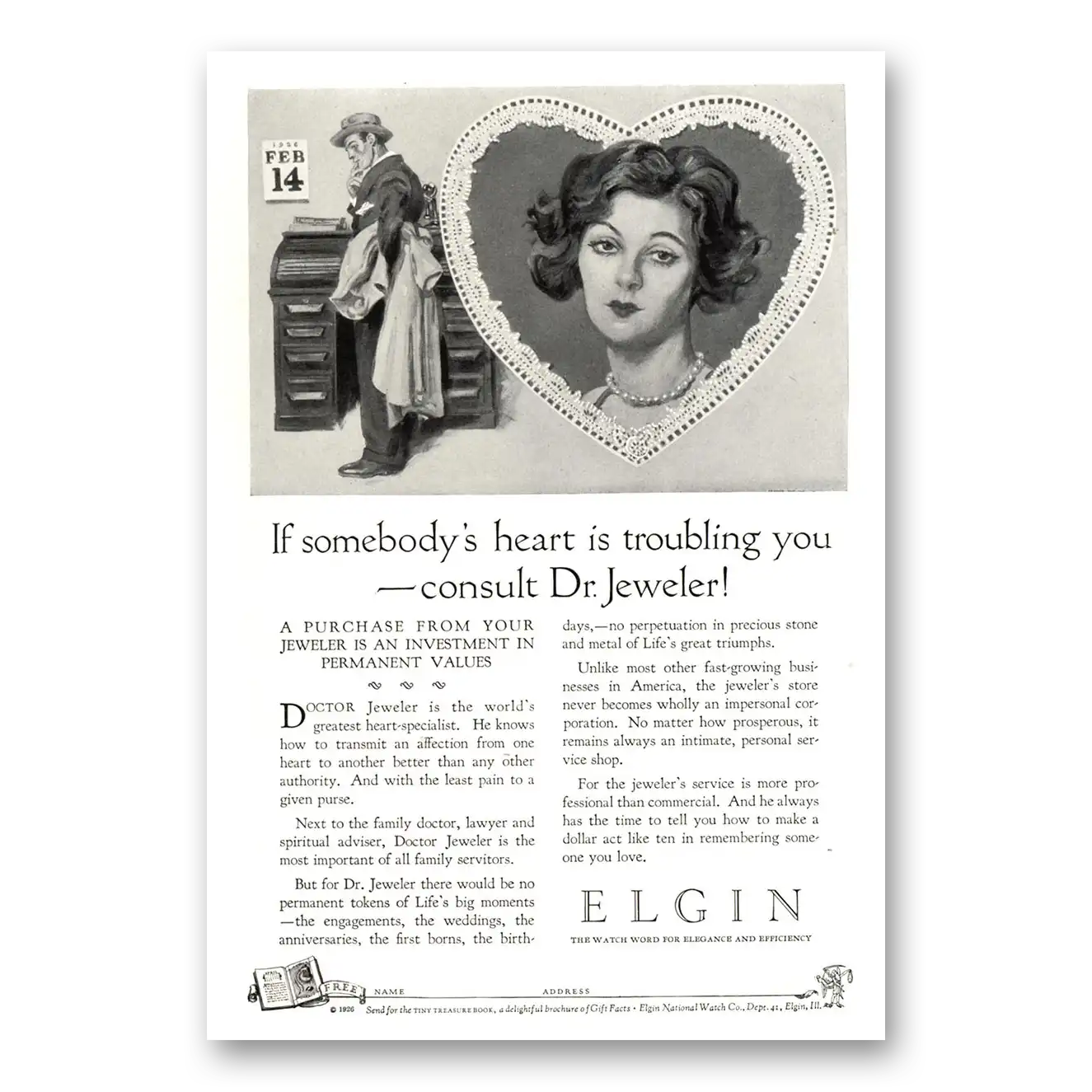 1926 Elgin Watch Somebodys Heart Troubling You Dr Jeweler Vintage Magazine Print Ad