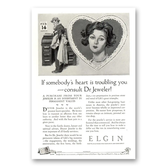 1926 Elgin Watch Somebodys Heart Troubling You Dr Jeweler Vintage Magazine Print Ad