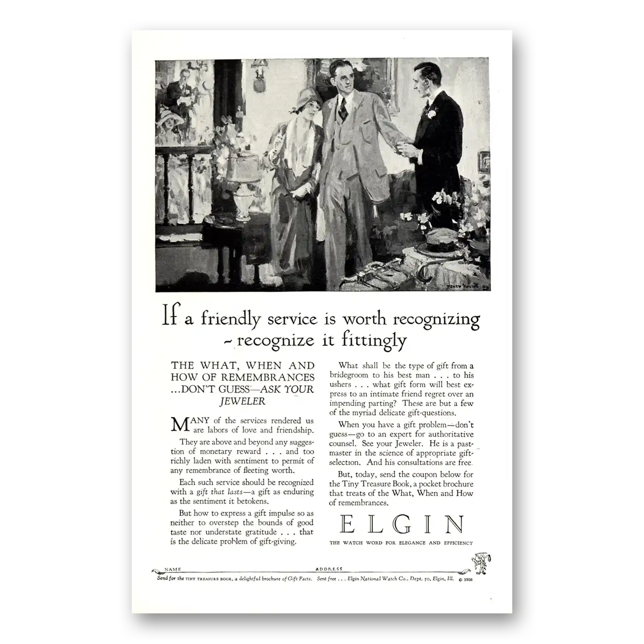 1926 Elgin Watch Friendly Service Is Worth Recognizing Vintage Magazine Print Ad