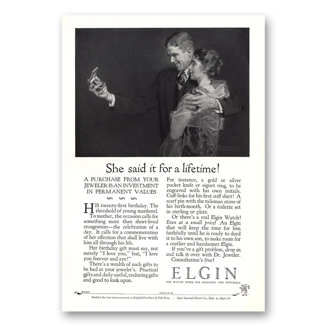 1926 Elgin Watch She Said It for a Lifetime Vintage Magazine Print Ad