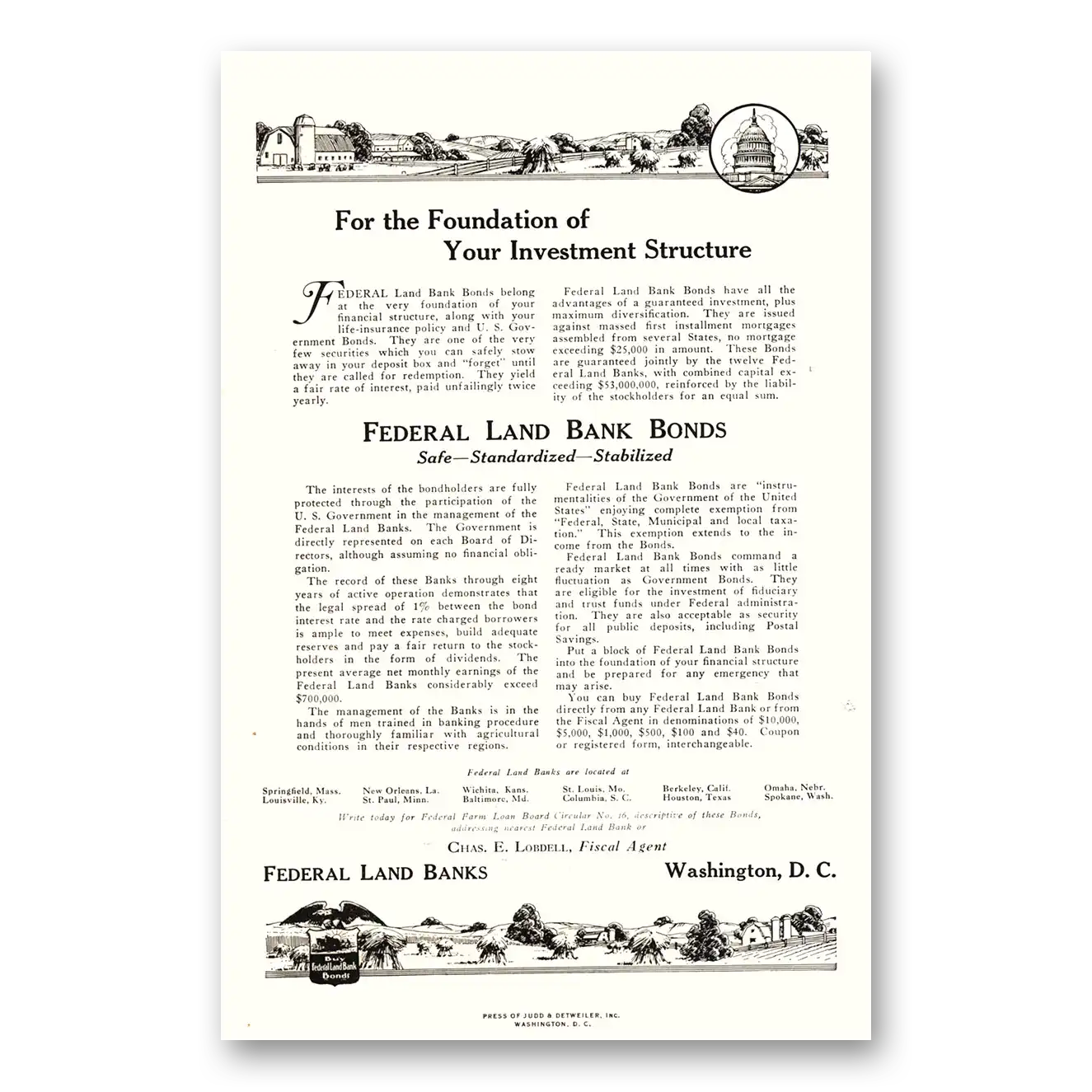 1926 Federal Land Banks Bonds Foundation Investment Vintage Magazine Print Ad