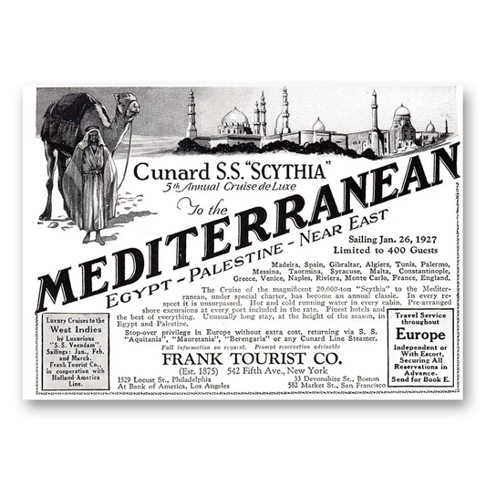 1926 Cunard SS Scythia To the Mediterranean Vintage Magazine Print Ad