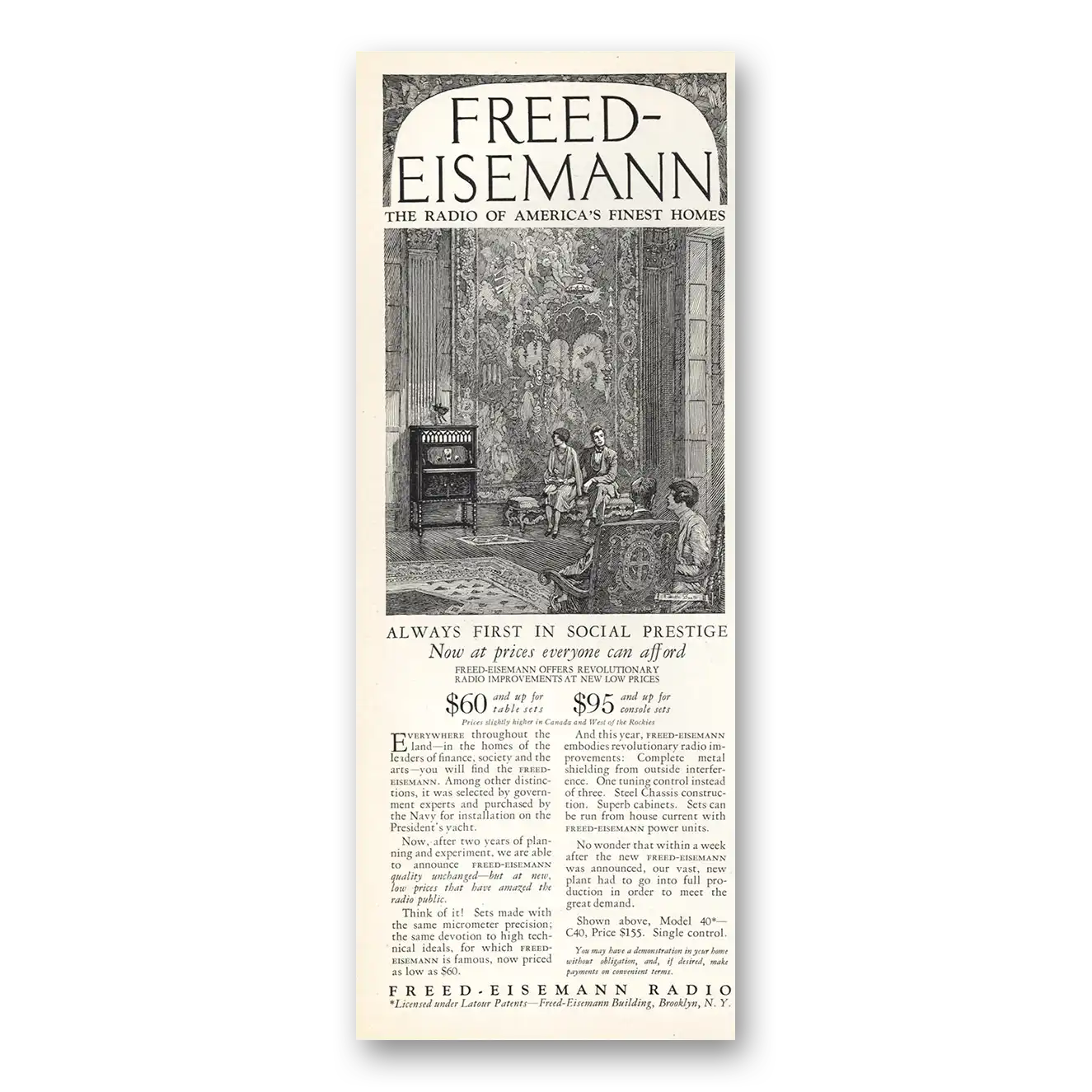 1926 Freed Eisemann Radio Always First in Social Prestige Vintage Magazine Print Ad