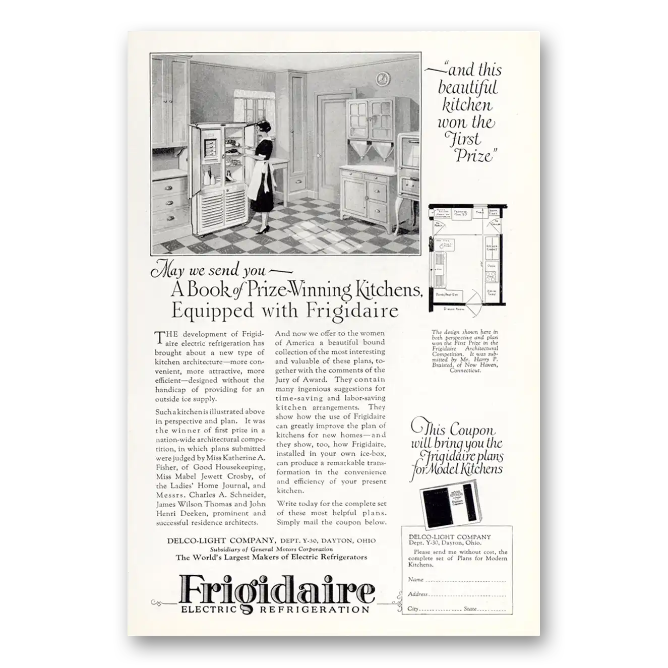 1926 Frigidaire Refrigerator Book of Prize Winning Kitchens Vintage Magazine Print Ad