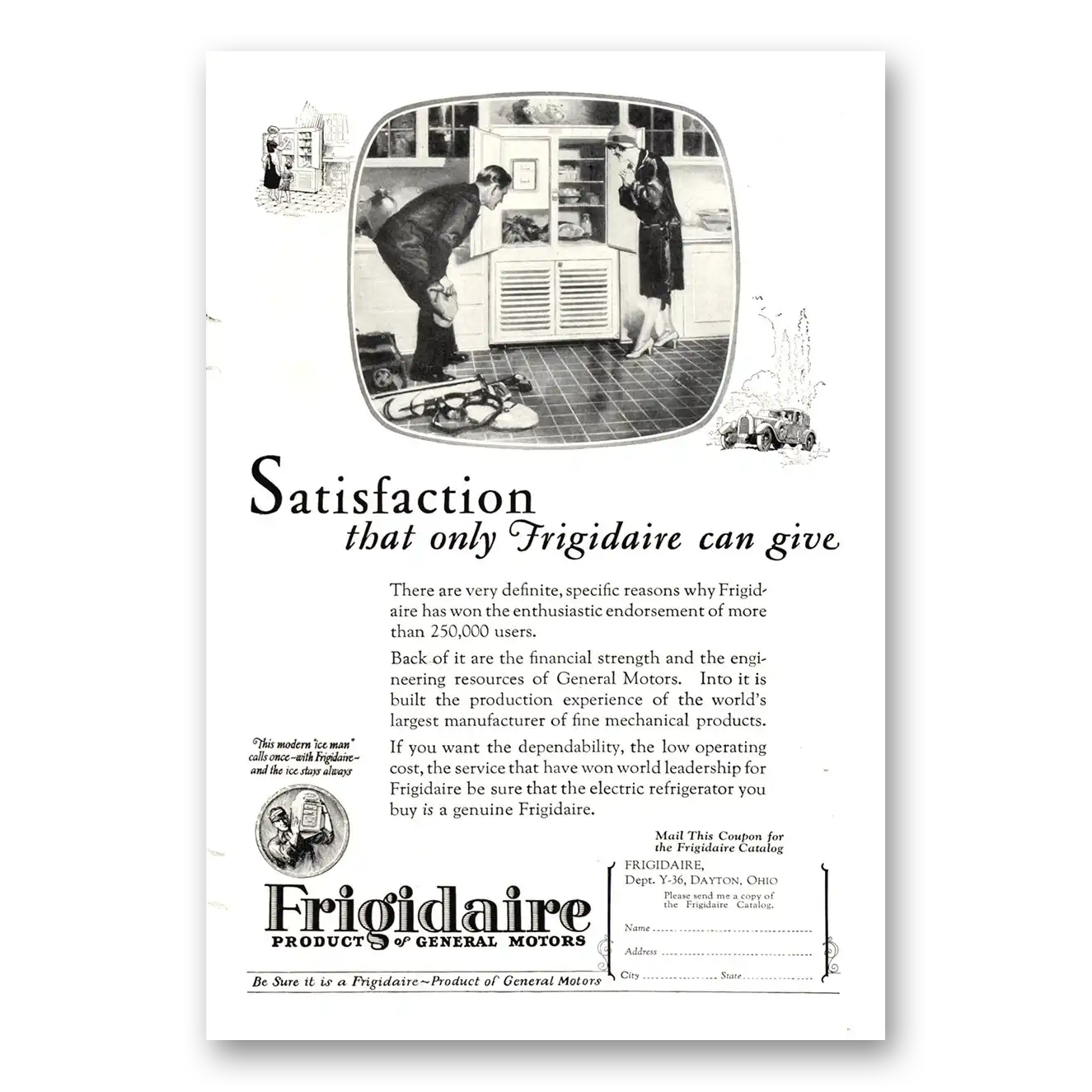 1926 Frigidaire Refrigerator Satisfaction That Only Frigidaire Can Give Vintage Magazine Print Ad