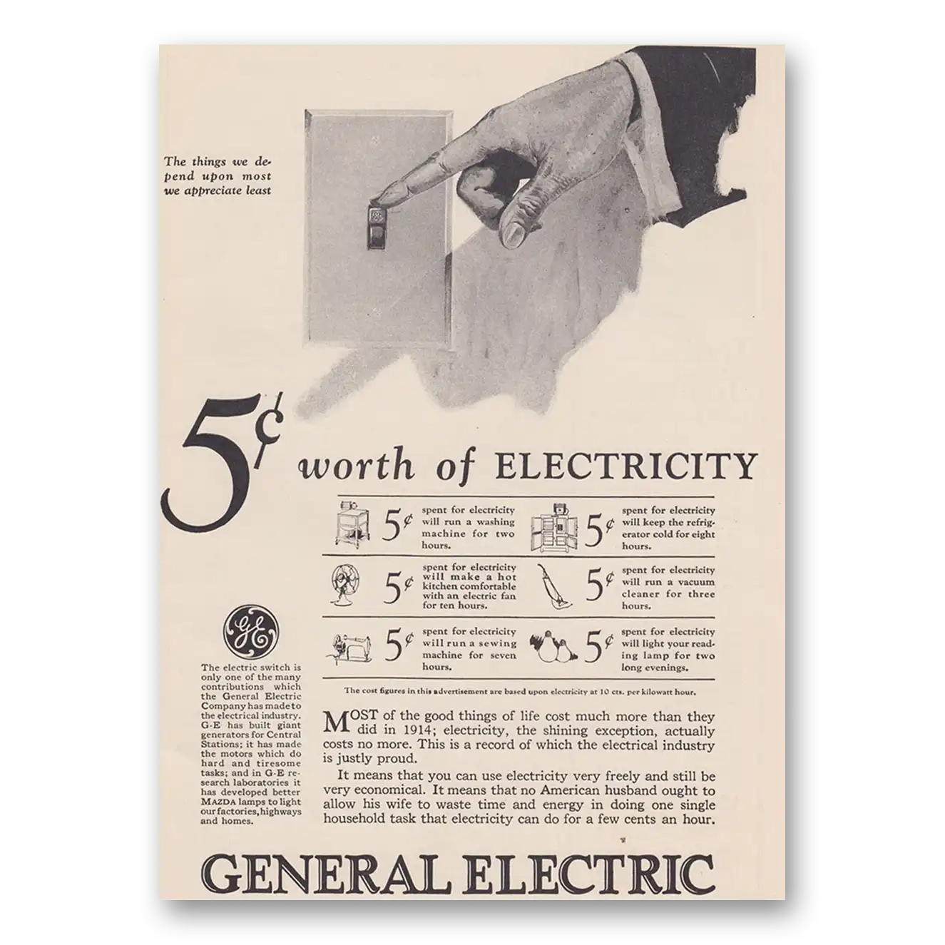 1926 General Electric Worth of Electricity Vintage Magazine Print Ad