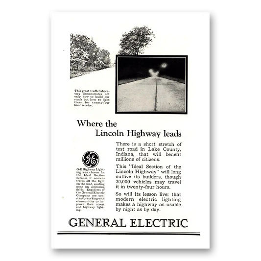 1926 General Electric Where the Lincoln Highway Leads Vintage Magazine Print Ad