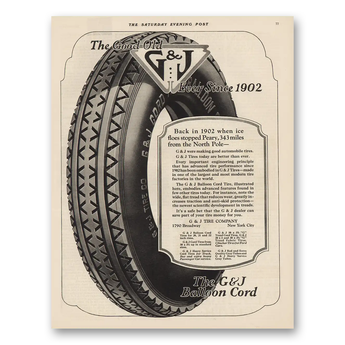 1925 G & J Balloon Cord Tires Ever Since 1902 Vintage Magazine Print Ad