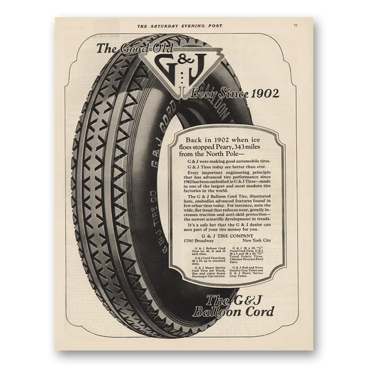 1925 G & J Balloon Cord Tires Ever Since 1902 Vintage Magazine Print Ad