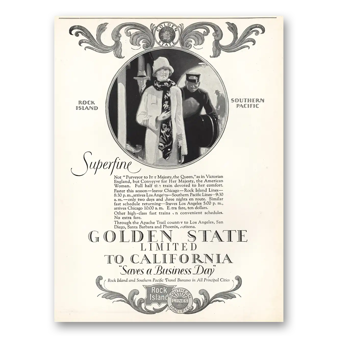 1926 Southern Pacific Rock Island Golden State Limited Superfine Vintage Magazine Print Ad