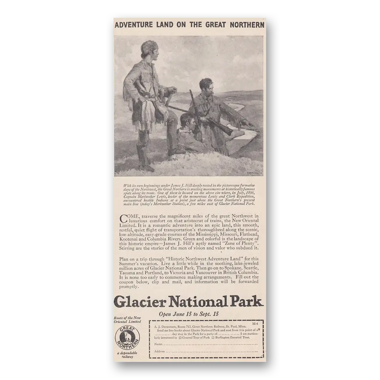 1926 Great Northern Railway Adventure Land on the Great Northern Glacier Vintage Magazine Print Ad