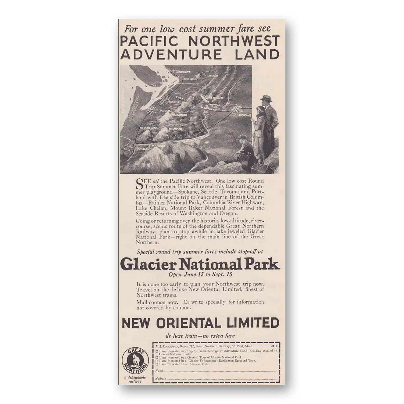 1926 Great Northern Railway Pacific Northwest Adventure Land Vintage Magazine Print Ad