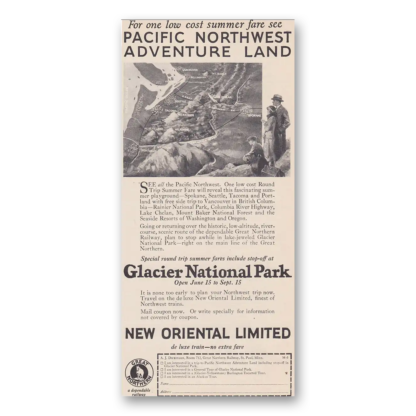 1926 Great Northern Railway Glacier National Park Oriental Limited Vintage Magazine Print Ad