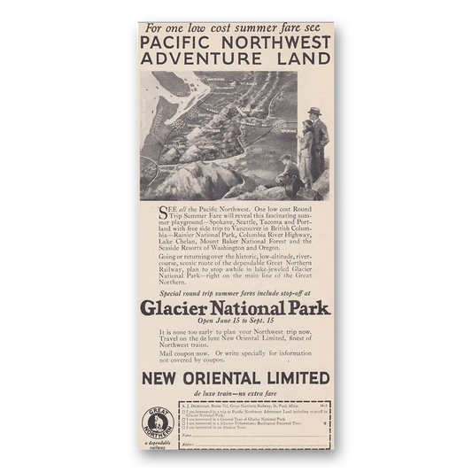 1926 Great Northern Railway Glacier National Park Oriental Limited Vintage Magazine Print Ad