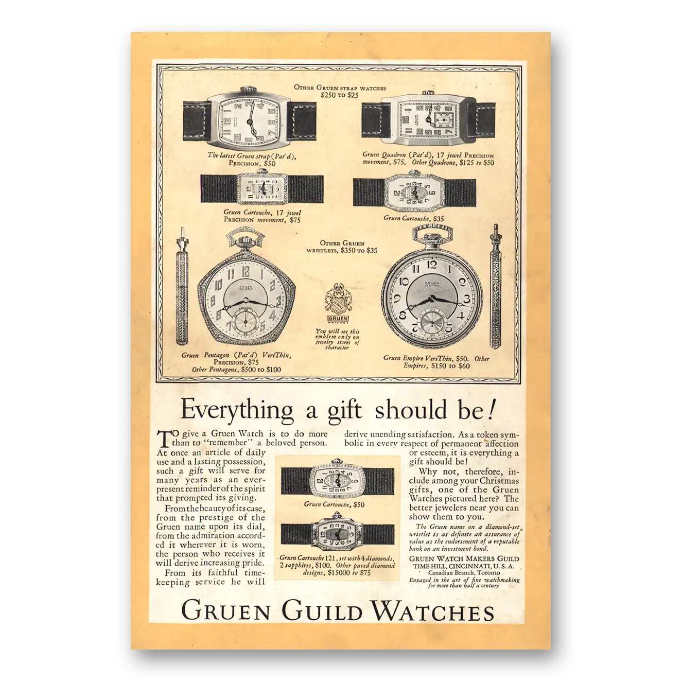 1926 Gruen Watch Guild Watches Everything a Gift Should Be Vintage Magazine Print Ad