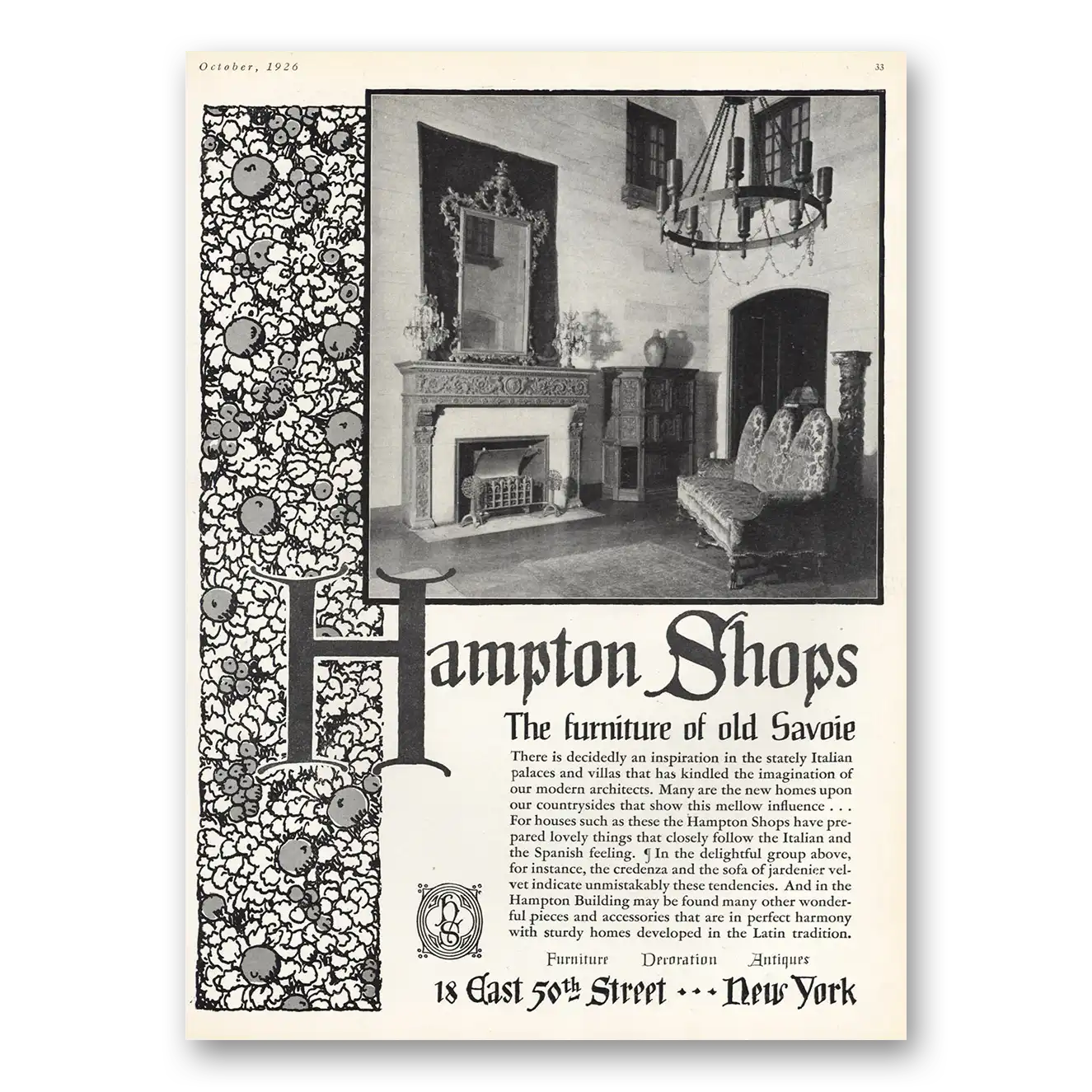 1926 Hampton Shops Furniture of Old Savoie Vintage Magazine Print Ad