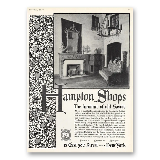 1926 Hampton Shops Furniture of Old Savoie Vintage Magazine Print Ad