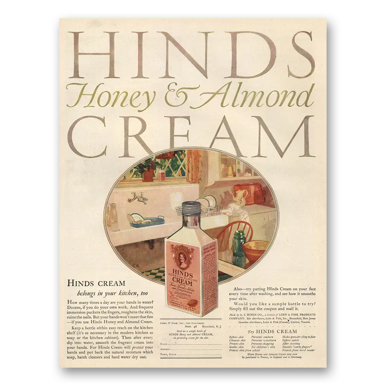 1926 Hinds Cream Honey and Almond Vintage Magazine Print Ad