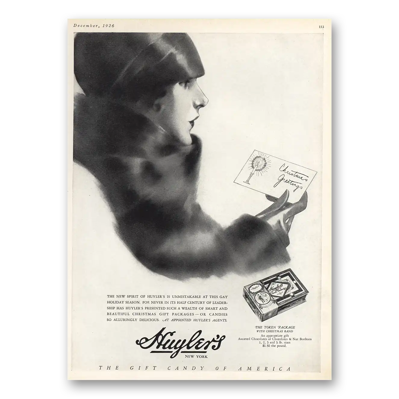 1926 Huylers Candy Cocoa Chocolates Christmas Greetings Vintage Magazine Print Ad