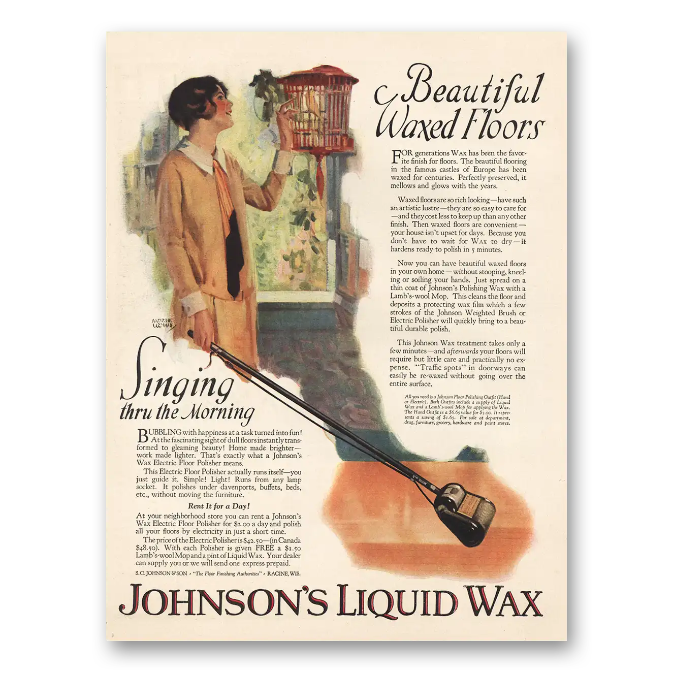 1926 Johnsons Liquid Wax Singing Thru the Morning Vintage Magazine Print Ad