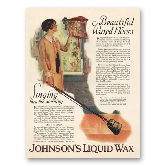 1926 Johnsons Liquid Wax Singing Thru the Morning Vintage Magazine Print Ad