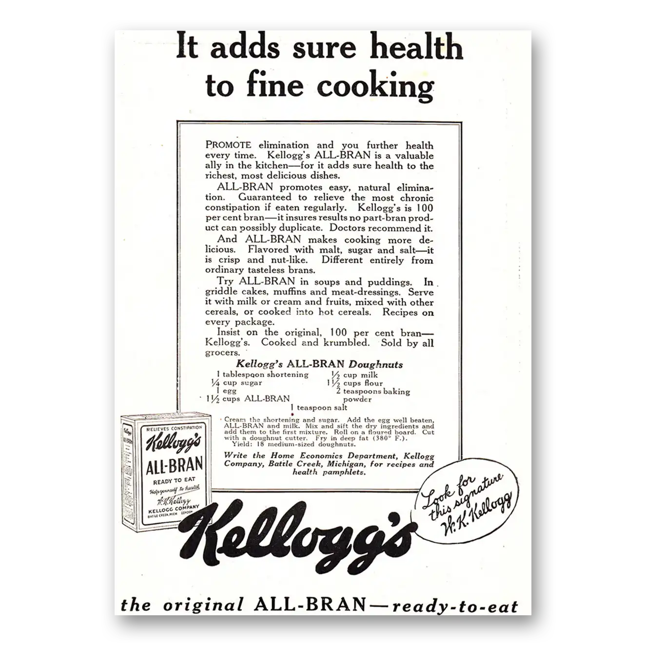 1926 Kelloggs All Bran Cereal Sure Health to Fine Cooking Vintage Magazine Print Ad