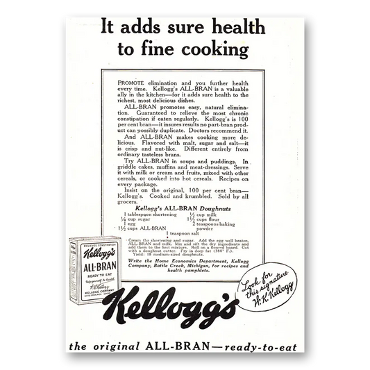 1926 Kelloggs All Bran Cereal Sure Health to Fine Cooking Vintage Magazine Print Ad