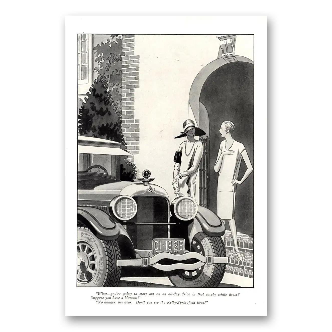 1926 Kelly Springfield Tires Start Out On All Day Drive Lovely White Dress Vintage Magazine Print Ad