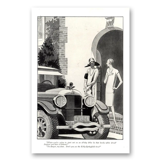 1926 Kelly Springfield Tires Start Out On All Day Drive Lovely White Dress Vintage Magazine Print Ad