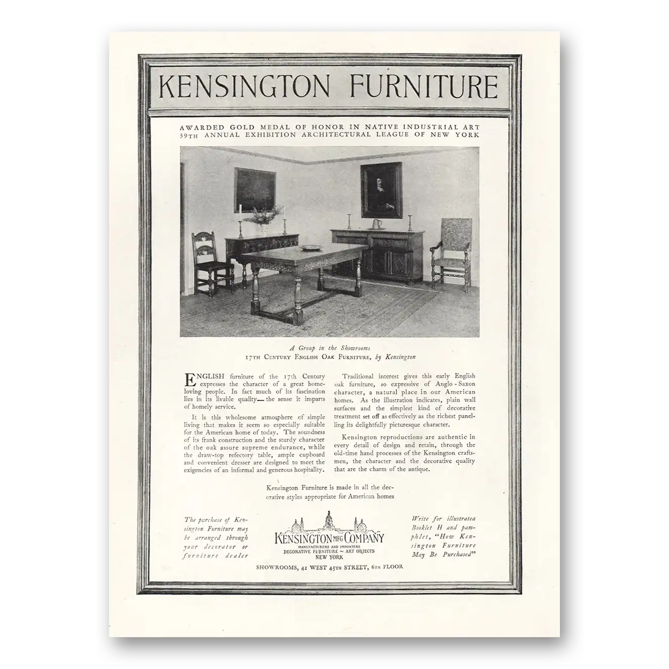 1926 Kensington Furniture Native Industrial Art Vintage Magazine Print Ad