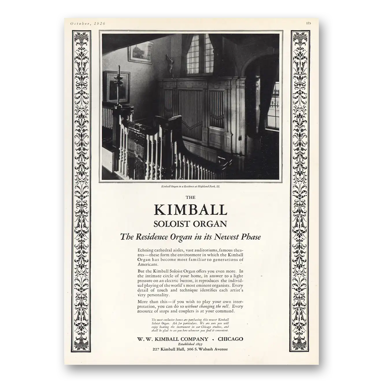 1926 Kimball Piano Soloist Organ Residence Highland Park Illinois Vintage Magazine Print Ad