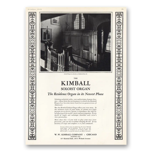 1926 Kimball Piano Soloist Organ Residence Highland Park Illinois Vintage Magazine Print Ad