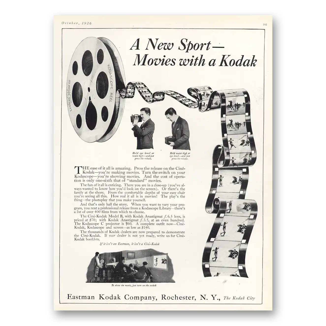 1926 Kodak Movie Camera New Sport Movies Vintage Magazine Print Ad