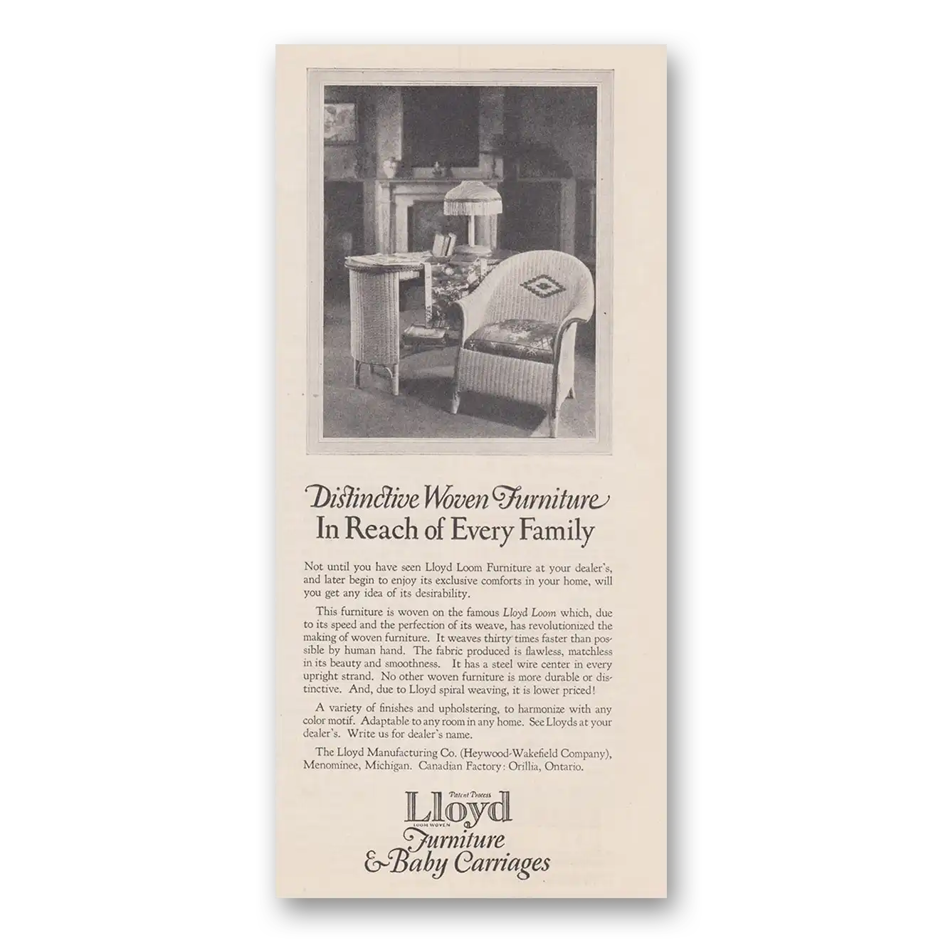 1926 Lloyd Furniture and Baby Carriages Distinctive Woven Furniture Vintage Magazine Print Ad