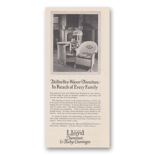 1926 Lloyd Furniture and Baby Carriages Distinctive Woven Furniture Vintage Magazine Print Ad