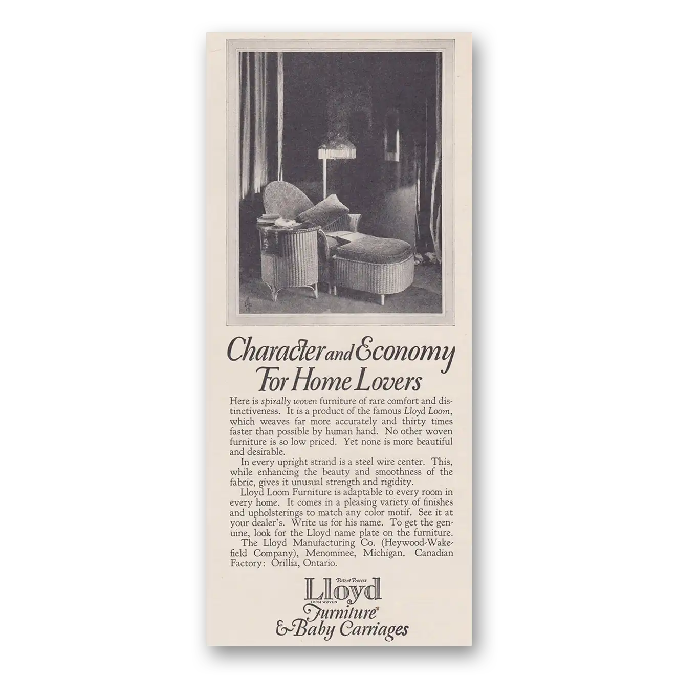 1926 Lloyd Furniture and Baby Carriages Character and Economy Vintage Magazine Print Ad