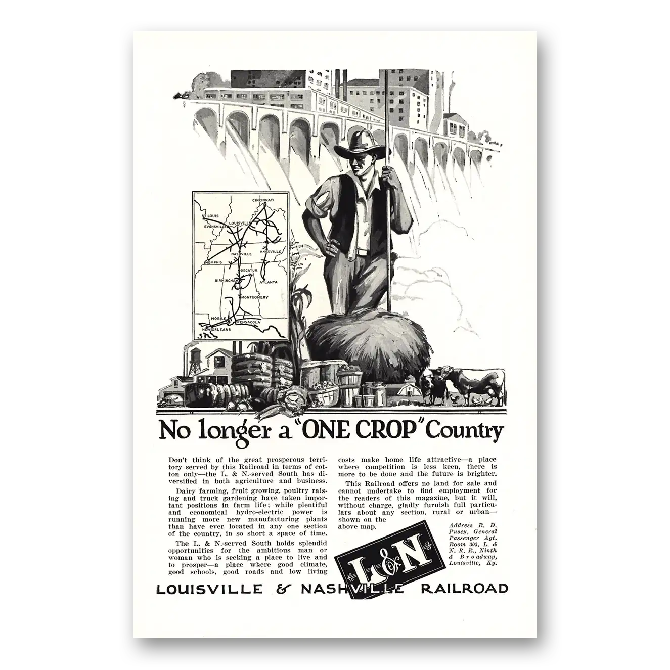 1926 Louisville & Nashville Railroad No Longer One Crop Country Vintage Magazine Print Ad