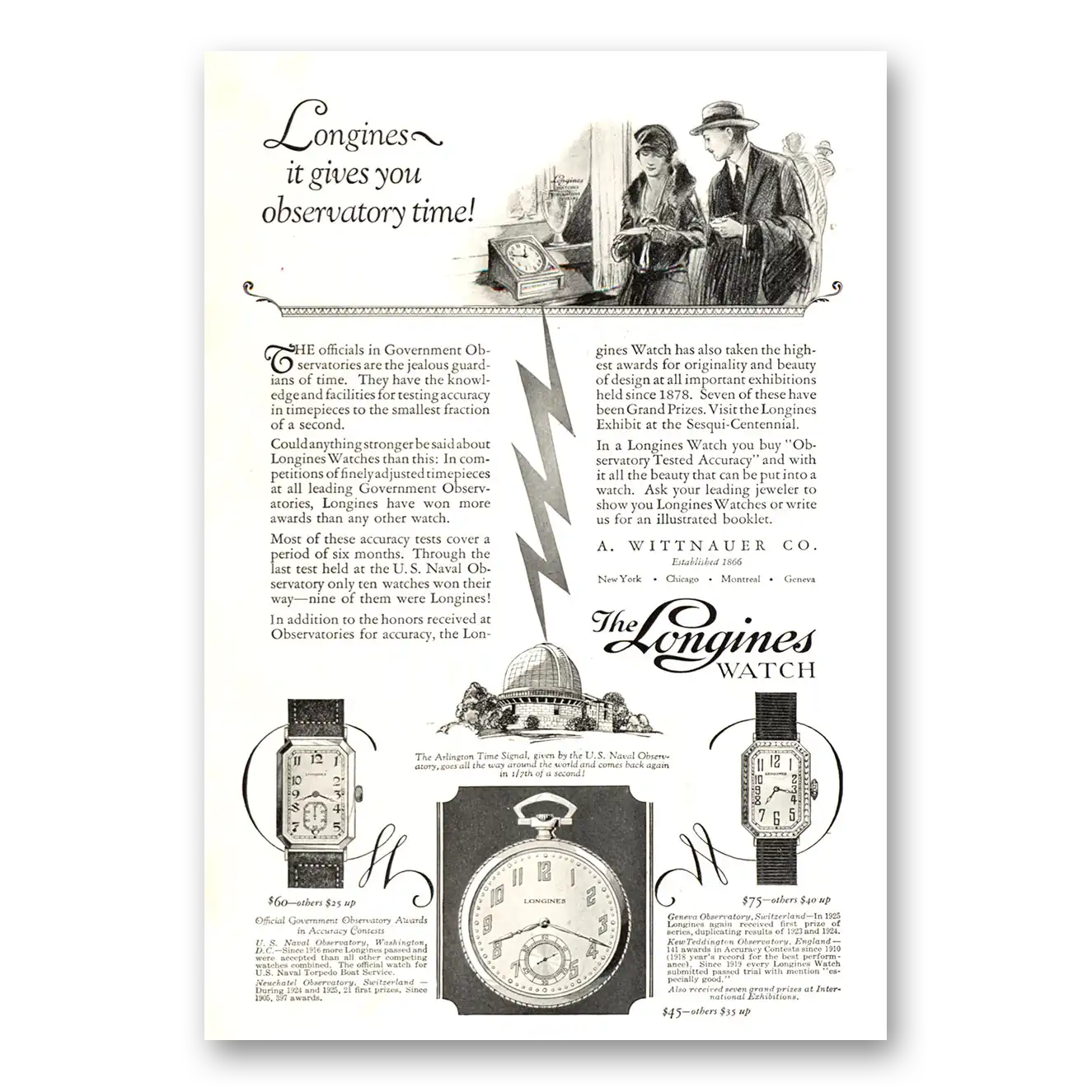 1926 Longines Wittnauer Gives You Observatory Time Vintage Magazine Print Ad