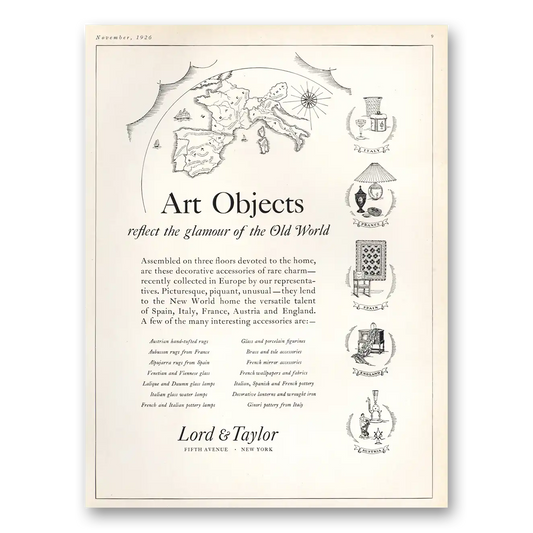 1926 Lord & Taylor Art Objects Glamour Old World Vintage Magazine Print Ad