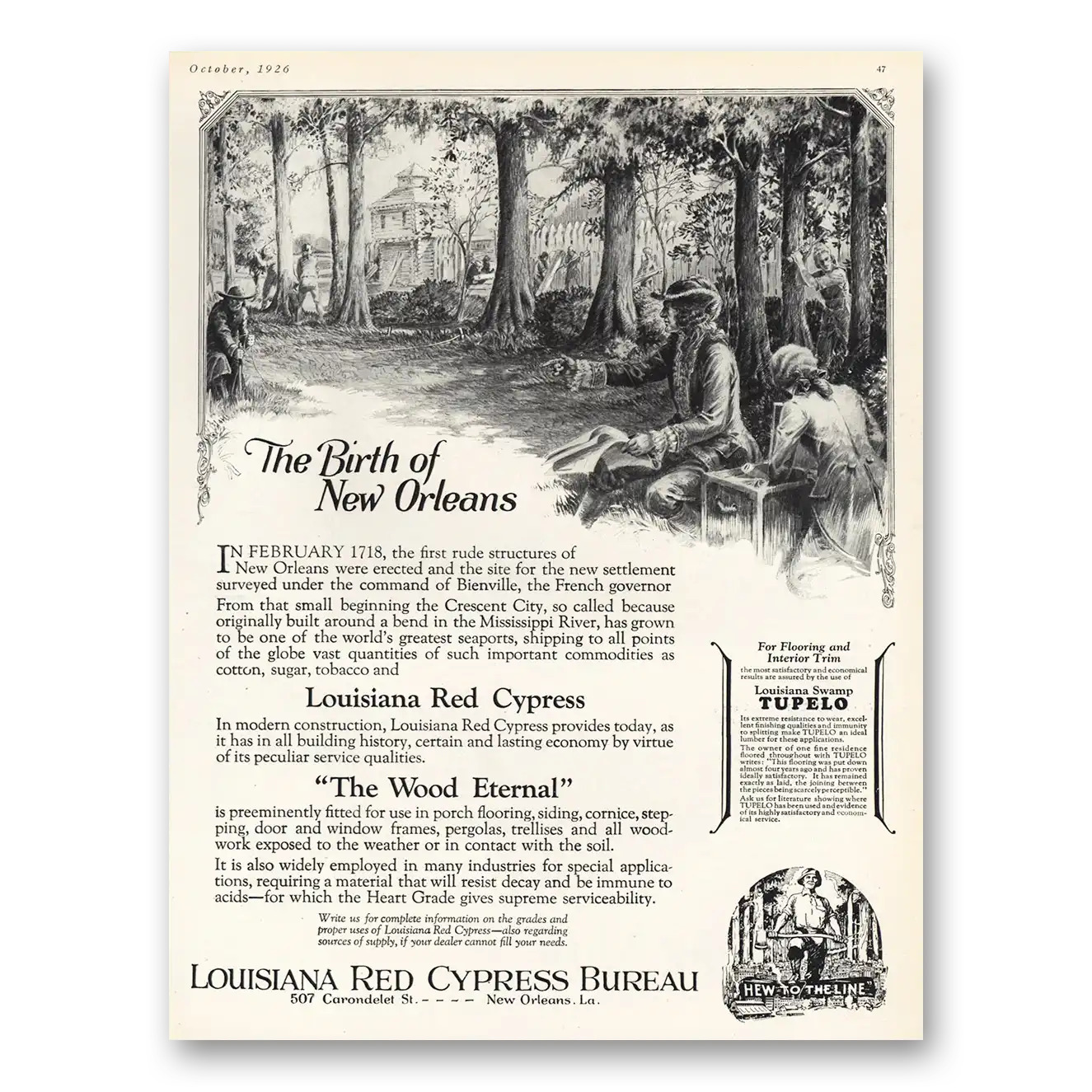 1926 Louisiana Red Cypress Birth of New Orleans Vintage Magazine Print Ad