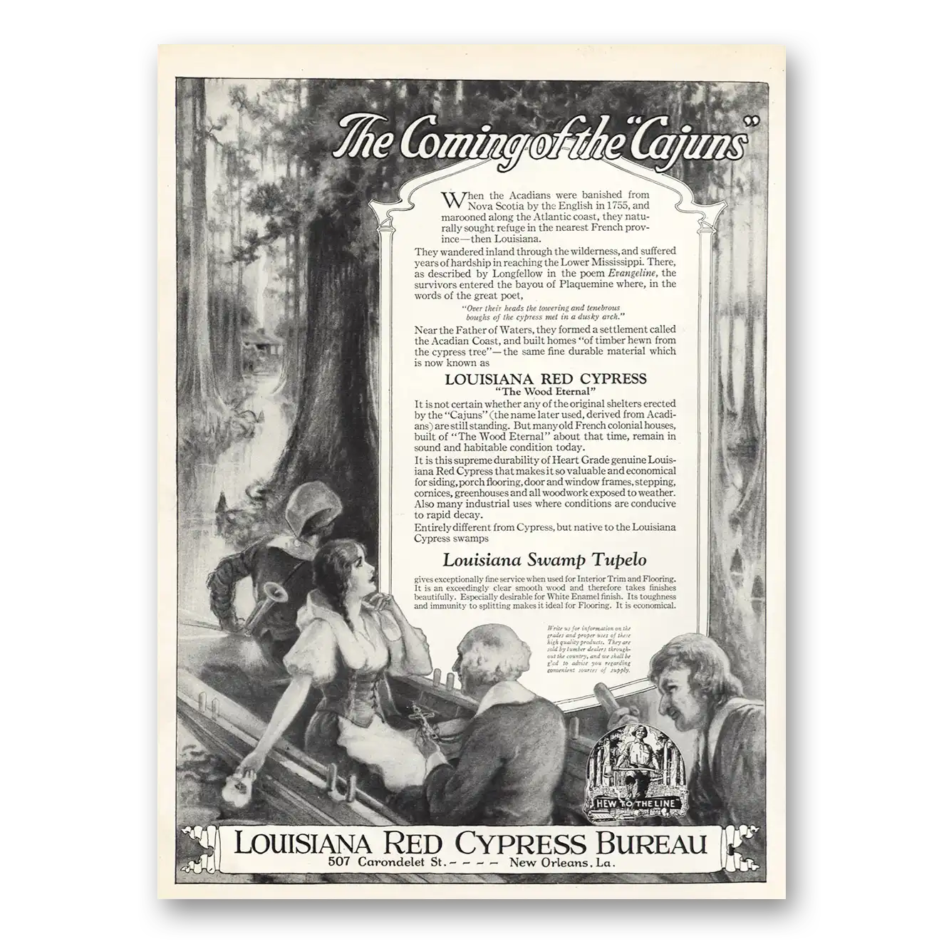 1926 Louisiana Red Cypress Coming of the Cajuns Vintage Magazine Print Ad