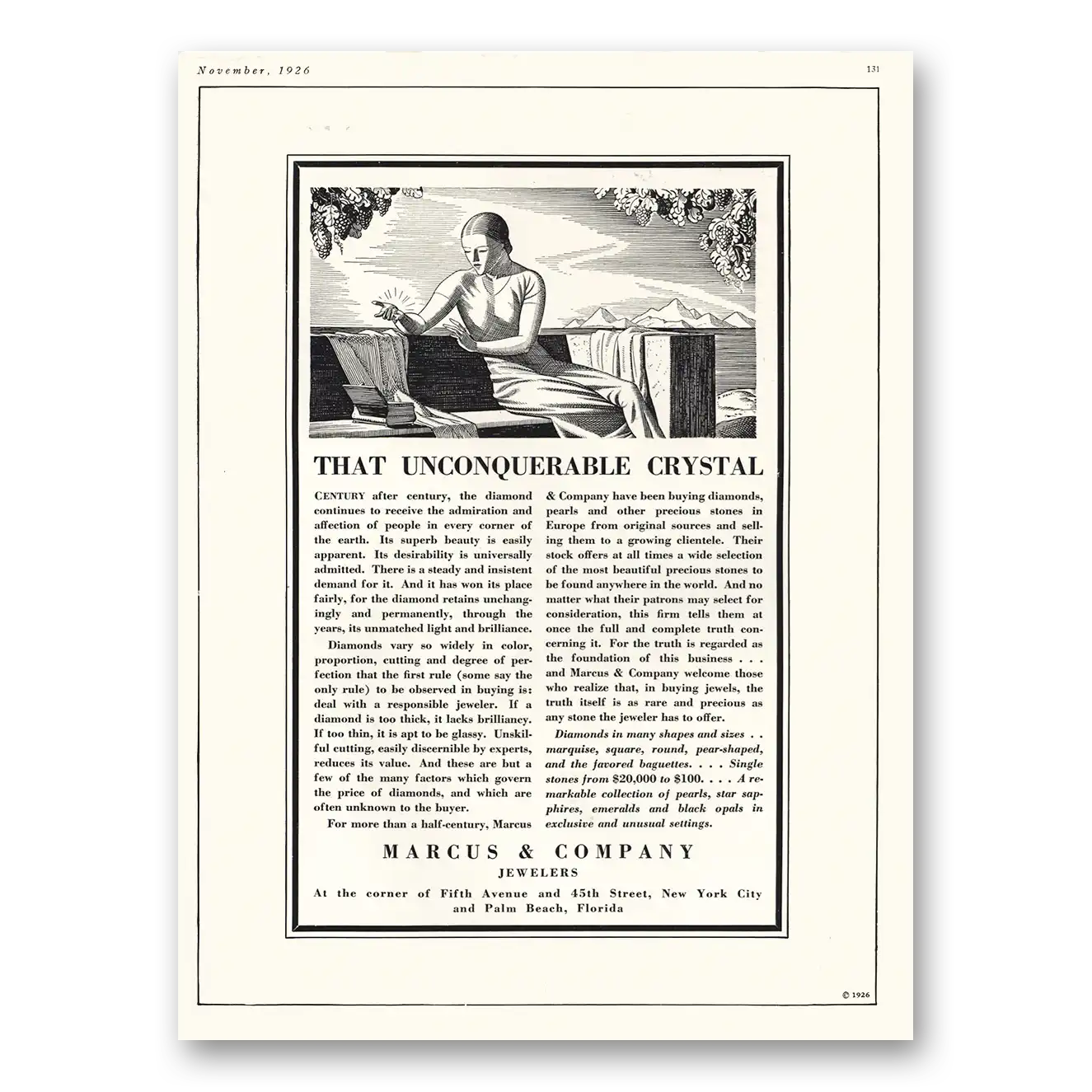 1926 Marcus & Company Jewelers Unconquerable Crystal Vintage Magazine Print Ad