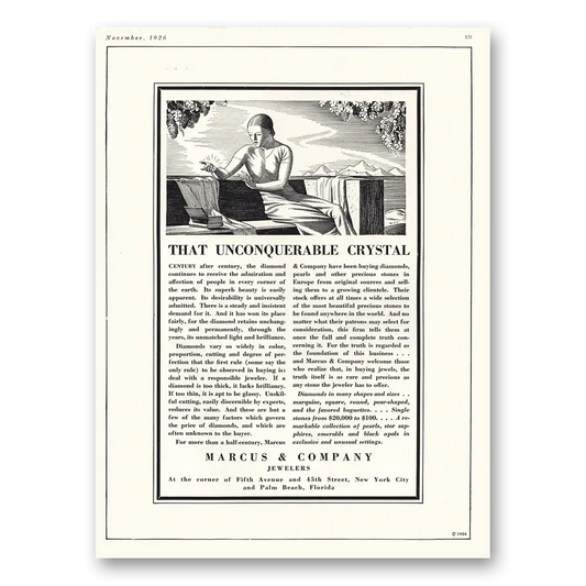 1926 Marcus & Company Jewelers Unconquerable Crystal Vintage Magazine Print Ad