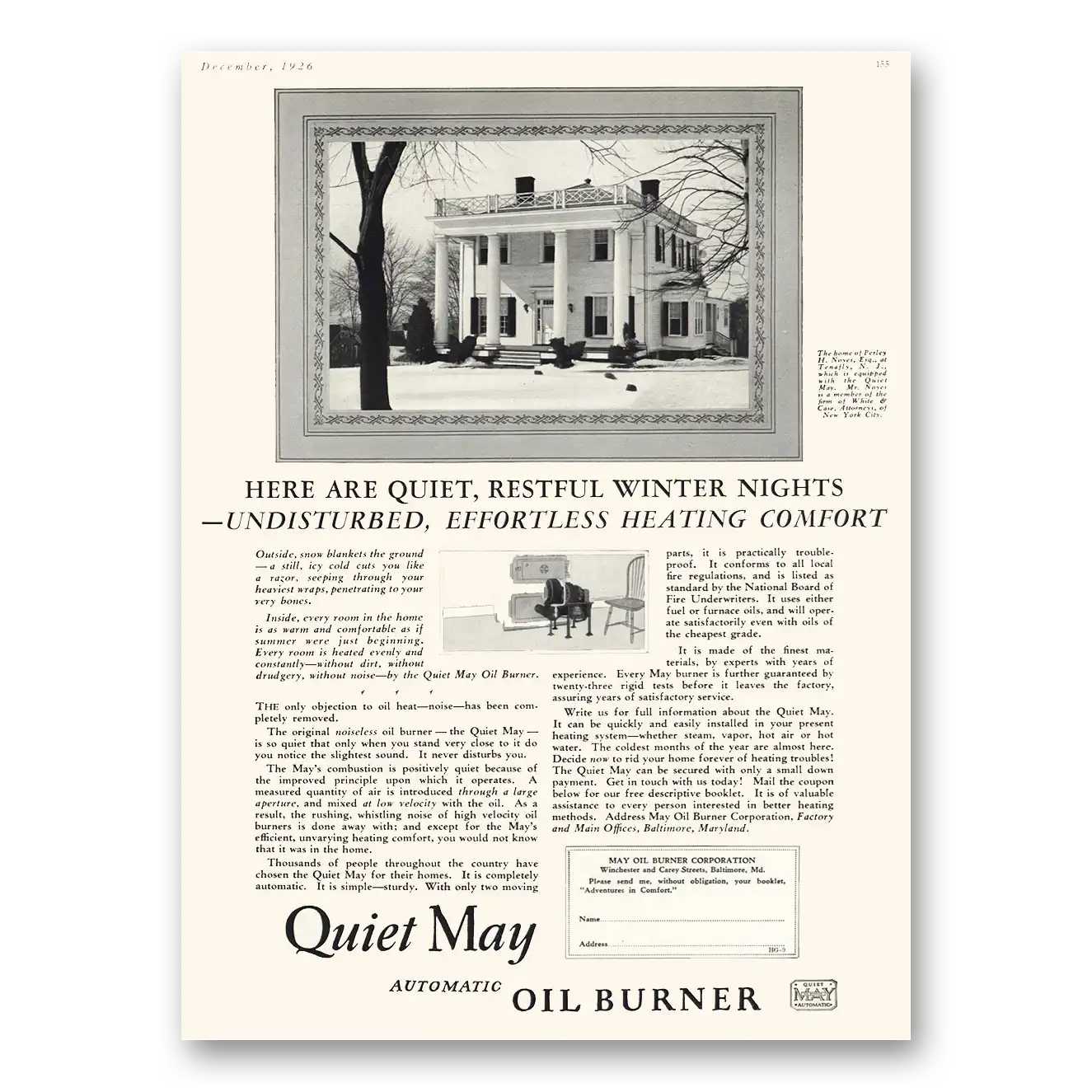 1926 May Oil Burner Quiet Restful Winter Nights Perley Noyes Vintage Magazine Print Ad