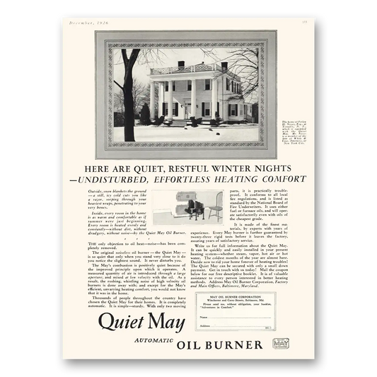 1926 May Oil Burner Quiet Restful Winter Nights Perley Noyes Vintage Magazine Print Ad